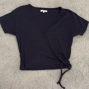 Black V-Neck, Short Sleeve Ribbed T-Shirt With Front Tie, Medium